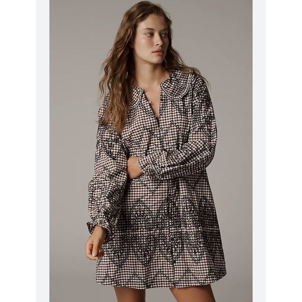 The Keira Long Sleeve Short Dress Plaid Embroidered XL